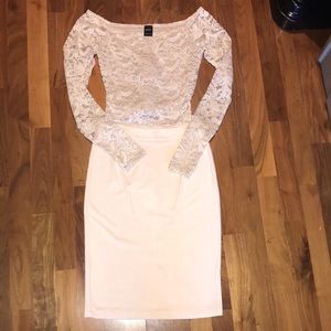 Lulus Beige Lace Crop Top Size Small- LuLus Beige Suede Pencil Skirt Size Small
